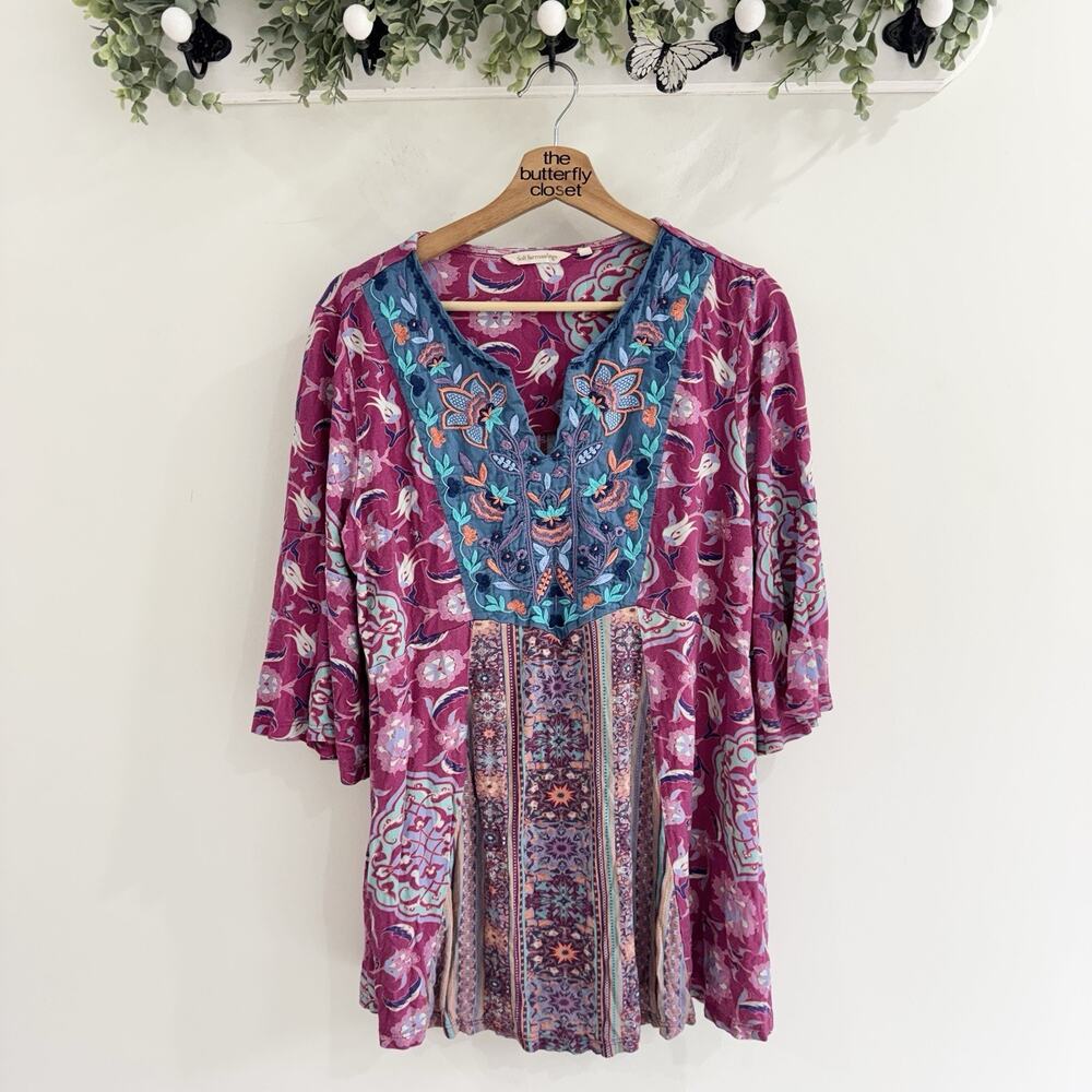 soft surroundings Ailli Floral Magenta Blue pattern Tunic Bohemian Large XX1485